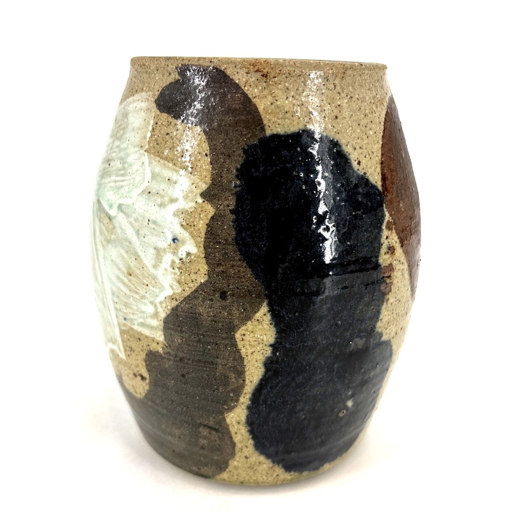 VTG Studio Art Pottery Vase 7" Painted‎ Stoneware Glaze Crock Heavy Abstract
